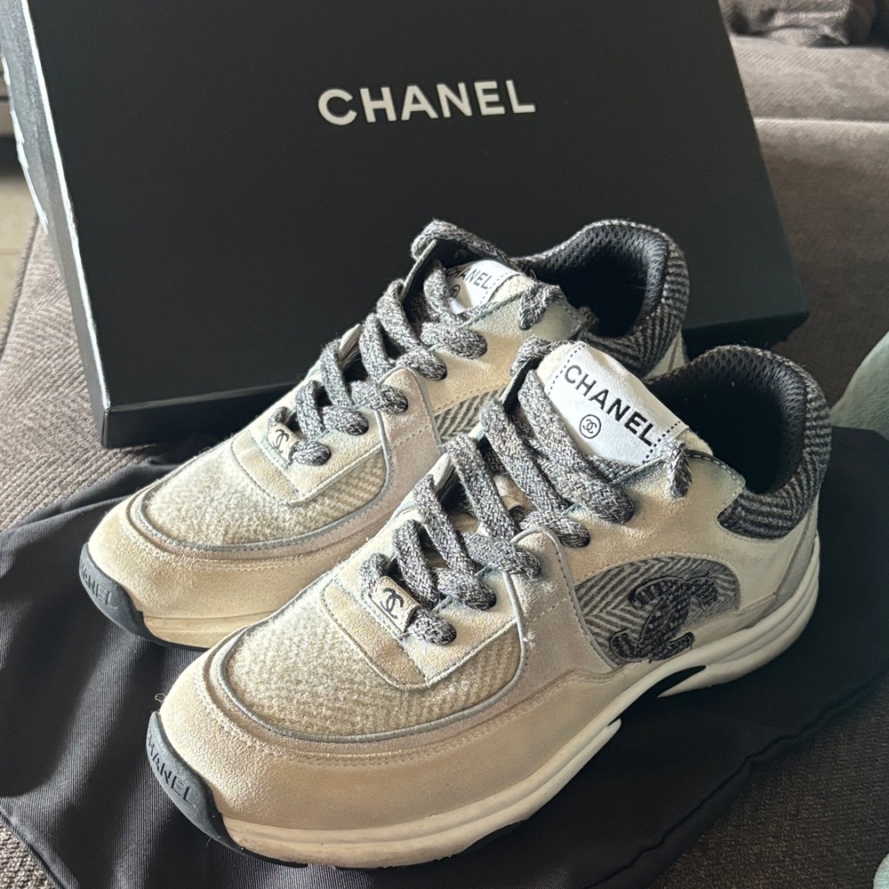 CHANEL  tissu ivory gris Sneakers fabric suede leather sz 39